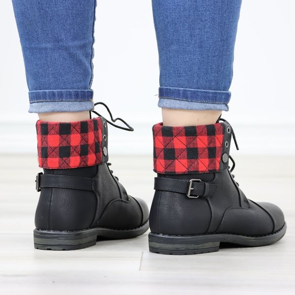 Buffalo Red Black Plaid Combat Ankles Boots Black Faux Leather - Picture 6 of 12